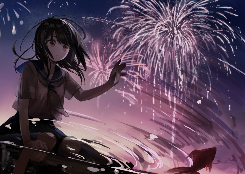 1girl absurdres black_hair brown_eyes fireworks fish highres kneehighs long_hair original parted_lips pink_theme reaching reflection reflective_water ripples school_uniform serafuku short_sleeves sitting socks solo swept_bangs wariza water yoru_410