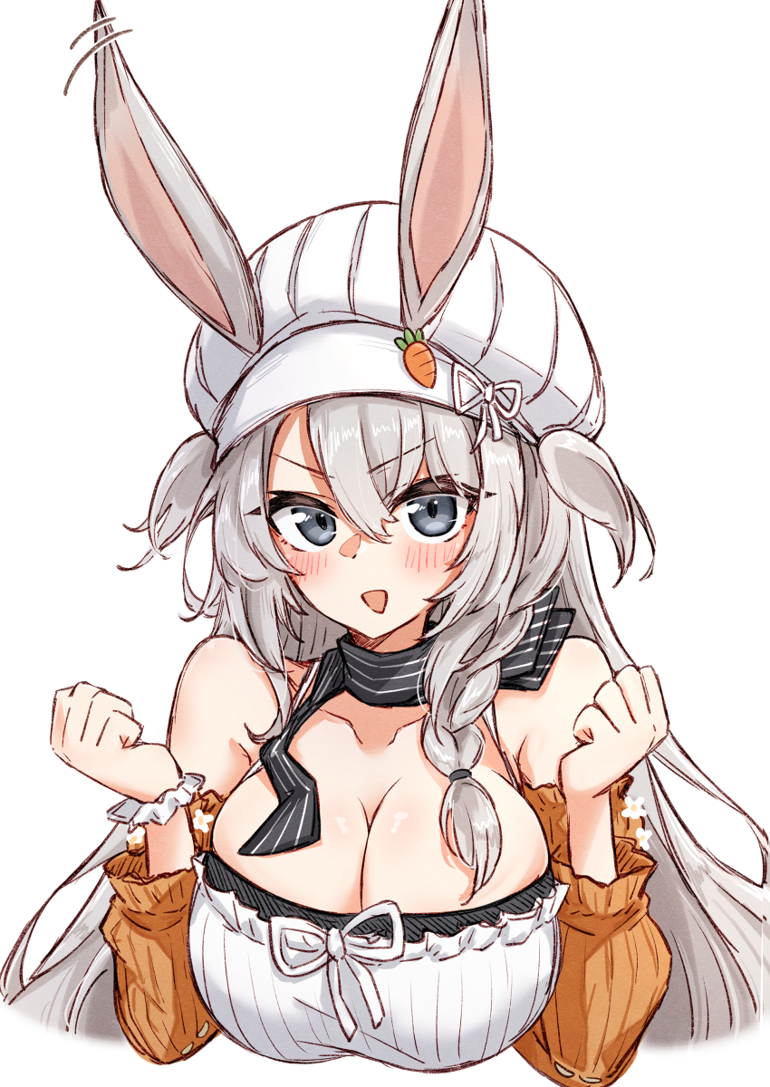 1girl :d absurdres animal_ears arknights bare_shoulders black_eyes blush braid breasts cleavage collarbone commentary cropped_torso ear_ornament grey_hair hair_between_eyes hands_up hat hat_ribbon highres large_breasts long_hair looking_at_viewer maiq06 motion_lines official_alternate_costume open_mouth ribbon savage_(arknights) savage_(secret_family_recipe)_(arknights) simple_background smile solo white_background white_hat white_ribbon