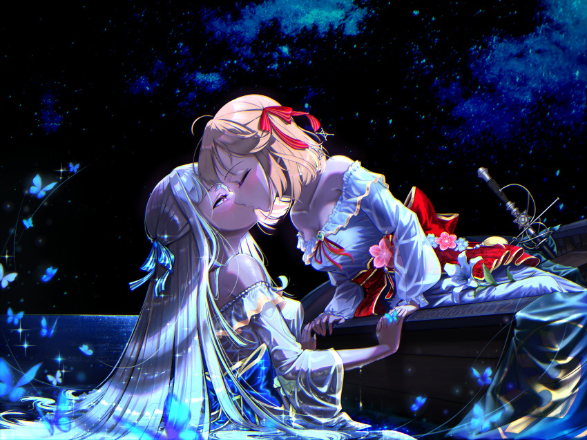 2girls absurdres anisphia_wynn_palettia artist_name blonde_hair blue_butterfly blue_ribbon blush boat breasts bug butterfly cleavage closed_eyes collarbone commentary english_commentary euphyllia_magenta flower grey_hair hair_ribbon half-closed_eyes highres holding_hands insect interlocked_fingers kiss long_hair long_sleeves looking_at_another medium_hair multiple_girls night ocean off-shoulder_shirt off_shoulder outdoors partially_submerged purple_eyes red_ribbon ribbon shirt sky star_(sky) starry_sky sword tensei_oujo_to_tensai_reijou_no_mahou_kakumei tofufuyu0112 watercraft weapon white_flower white_shirt yuri