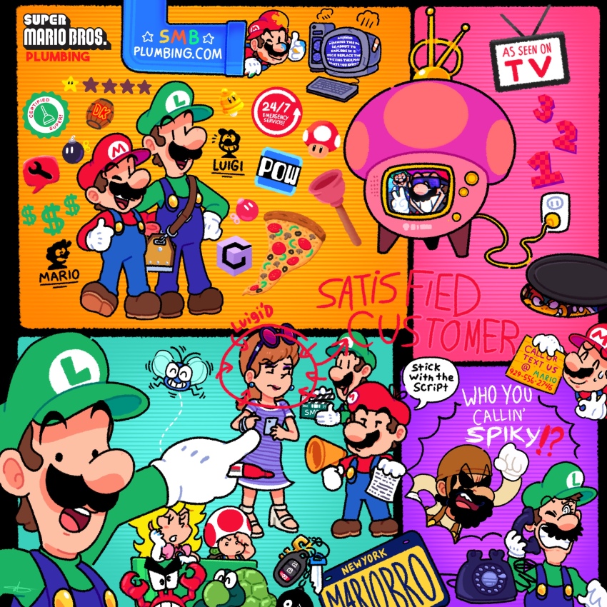 2girls 6+boys absurdres arm_around_shoulder arm_around_waist backpack bag barrel beard beret big_nose black_border black_bow black_eyes blonde_hair blue_background blue_brooch blue_headwear blue_overalls blush_stickers bob-omb bomb border bow bowser bracelet brooklyn_lady_(mario) brothers brown_bag brown_footwear brown_hair brown_headwear brown_overalls brown_straps bug buttons newsboy_cap cable car_keys cellphone chain_chomp character_name clapperboard clenched_hand clenched_hands clenched_teeth closed_eyes commentary computer_keyboard crab dollar_sign dress earrings electrical_outlet english_commentary english_text explosive eyelashes facial_hair fighter_fly fly food foreman_spike furry furry_male game_&amp;_watch game_console gamecube gloves green_headwear hand_on_own_cheek hand_on_own_face hand_on_own_forehead hand_on_own_hip hat hat_bow height_difference highres holding holding_megaphone holding_paper holding_pen holding_phone holding_sign insect jewelry jradical2014 kamek letter license_plate lipstick long_hair long_sleeves looking_at_viewer luigi makeup manhole_cover mario mario_(series) mario_bros. medium_hair megaphone monitor multicolored_background multiple_boys multiple_girls mustache nervous_smile nintendo ok_sign one_eye_closed open_mouth orange_background overalls paper pen phone pink_background pink_dress pizza pizza_slice plumber plunger pointing pointing_at_another pow_block princess_peach purple_background purple_dress raised_eyebrow raised_eyebrows red_headwear red_lips red_shirt sandals script shellcreeper shirt shoes short_sleeves siblings sidestepper sign smartphone smile solid_oval_eyes speech_bubble sphere_earrings striped_clothes striped_dress sunglasses super_bell super_mushroom super_star_(mario) sweatdrop teeth television the_super_mario_bros._movie thick_eyebrows thumbs_up toad_(mario) toolbox turtle upper_teeth_only v v-shaped_eyebrows v-shaped_eyes warp_pipe white_footwear white_gloves white_trim wrecking_crew wrench yellow_shirt