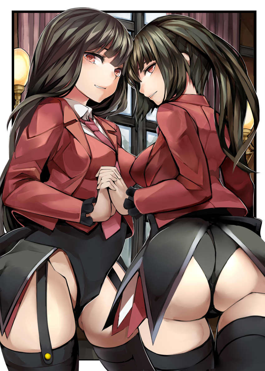 2girls ass belphegor_(umineko) black_hair black_legwear blush breasts garter_straps highres leotard long_hair looking_at_viewer lucifer_(umineko) medium_breasts multiple_girls necktie nemu_(nebusokugimi) parted_lips red_eyes school_uniform smile stakes_of_purgatory thighhighs umineko_no_naku_koro_ni