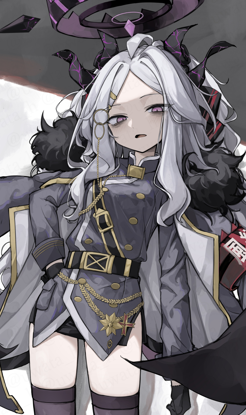1girl absurdres armband bags_under_eyes black_gloves black_skirt blue_archive blush breasts coat coat_on_shoulders commentary_request fur-trimmed_coat fur_trim gloves hair_ornament hair_ribbon halo highres hina_(blue_archive) hisha_(kan_moko) horns jacket long_hair long_sleeves looking_at_viewer multiple_horns purple_eyes red_armband ribbon simple_background skirt solo thighhighs very_long_hair white_hair