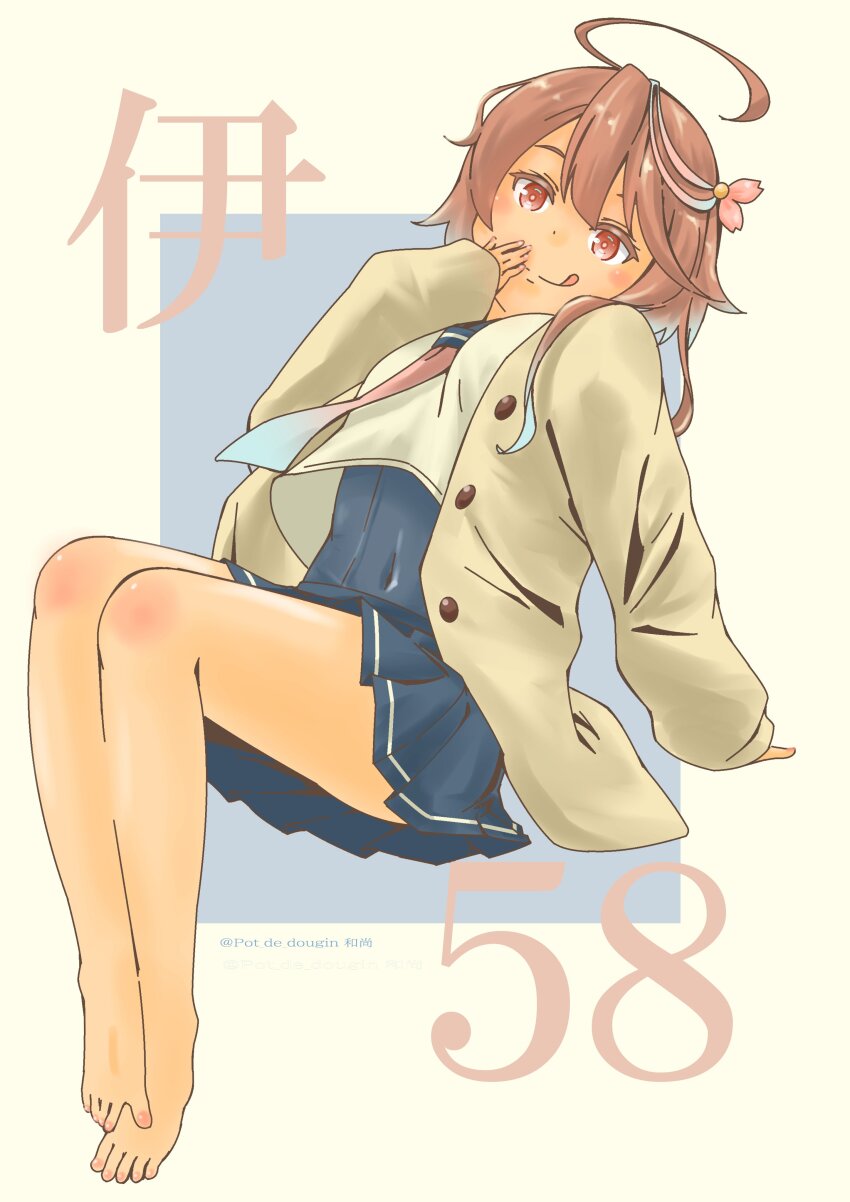 1girl :d absurdres bad_feet barefoot big_head cardigan cosplay hair_ornament highres i-26_(kancolle) i-26_(kancolle)_(cosplay) i-58_(kancolle) kantai_collection long_hair long_sleeves looking_at_viewer one-piece_swimsuit open_cardigan open_clothes open_mouth pink_hair pot-de school_swimsuit school_uniform serafuku short_hair smile solo swimsuit swimsuit_under_clothes twitter_username