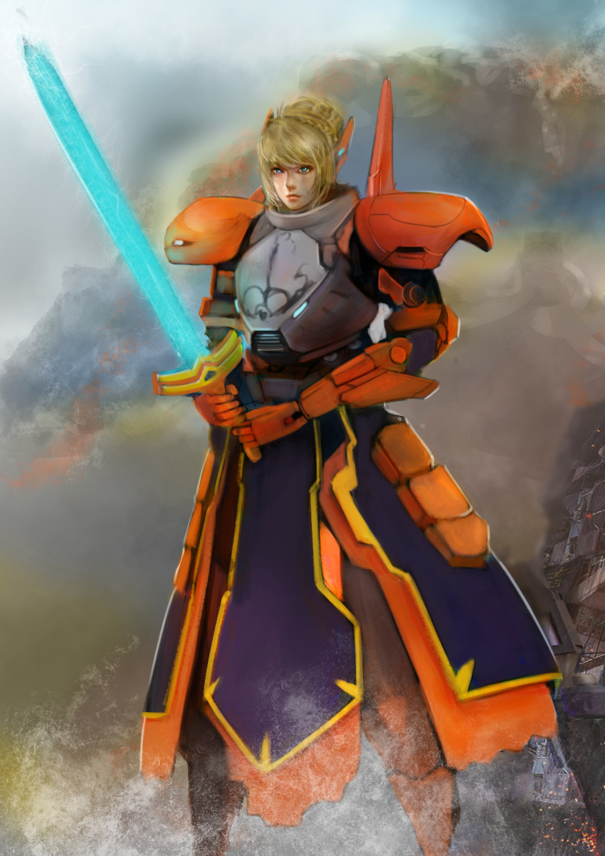 1girl arthur_pendragon_(fate) blonde_hair crossover energy energy_blade energy_sword energy_weapon fate/stay_night fate_(series) glowing glowing_sword glowing_weapon green_eyes highres ionic_twinblade jaeger_(pacific_rim) legendary_pictures mecha mecha_musume name_connection nurul_hidayat pacific_rim pacific_rim_uprising pan_pacific_defense_corps robot saber_athena short_hair sword weapon