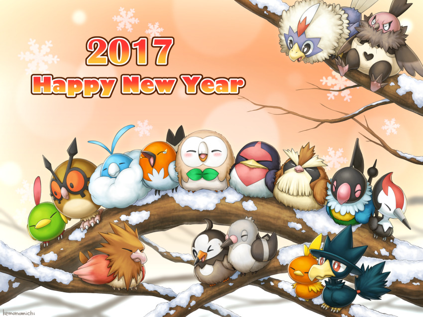 2017 animal_focus bird chatot closed_eyes fletchling gen_1_pokemon gen_2_pokemon gen_3_pokemon gen_4_pokemon gen_5_pokemon gen_6_pokemon gen_7_pokemon happy_new_year hoothoot kemonomichi_(blue_black) murkrow natu new_year nintendo no_humans one_eye_closed open_mouth outdoors perching pidgey pidove pikipek pokemon pokemon_(creature) rowlet rufflet snow snowflakes spearow starly swablu swellow torchic vullaby winter