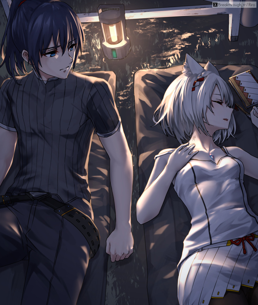 1boy 1girl absurdres animal_ears belt black_hair black_pants blue_eyes cat_ears diary fang grey_hair highres lantern lying mio_(xenoblade) neck_tattoo noah_(xenoblade) on_back pants ponytail ribbed_shirt riro_(breakthrough_rr) shirt skirt sleeping tattoo white_skirt xenoblade_chronicles_(series) xenoblade_chronicles_3