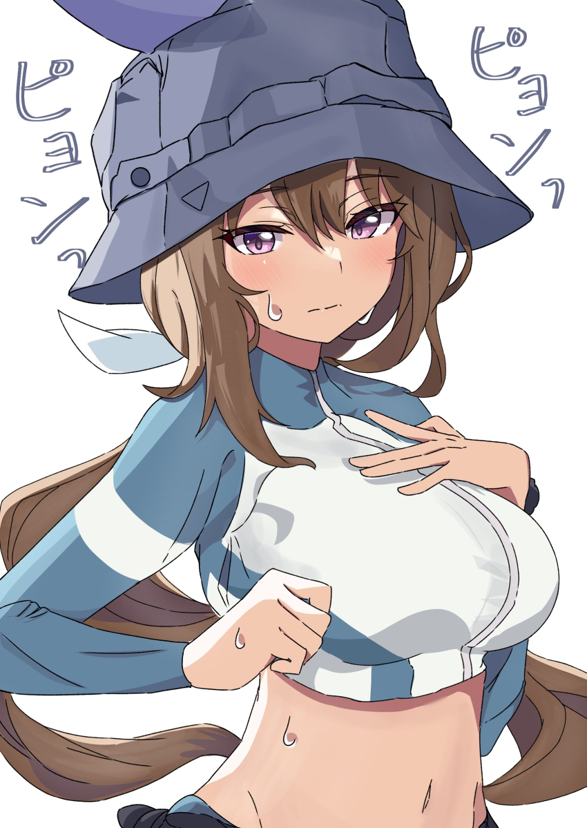 1girl admire_vega_(umamusume) animal_ears blue_archive blue_hat blue_jacket blush bow breasts brown_hair closed_mouth commentary_request cosplay cosplay_request cropped_jacket ekazawa_sdvx hair_between_eyes hand_on_own_chest hat highres horse_ears horse_girl horse_tail jacket large_breasts long_hair long_sleeves looking_at_viewer midriff navel ponytail purple_eyes rash_guard saki_(blue_archive) saki_(blue_archive)_(cosplay) saki_(swimsuit)_(blue_archive) solo tail umamusume white_bow