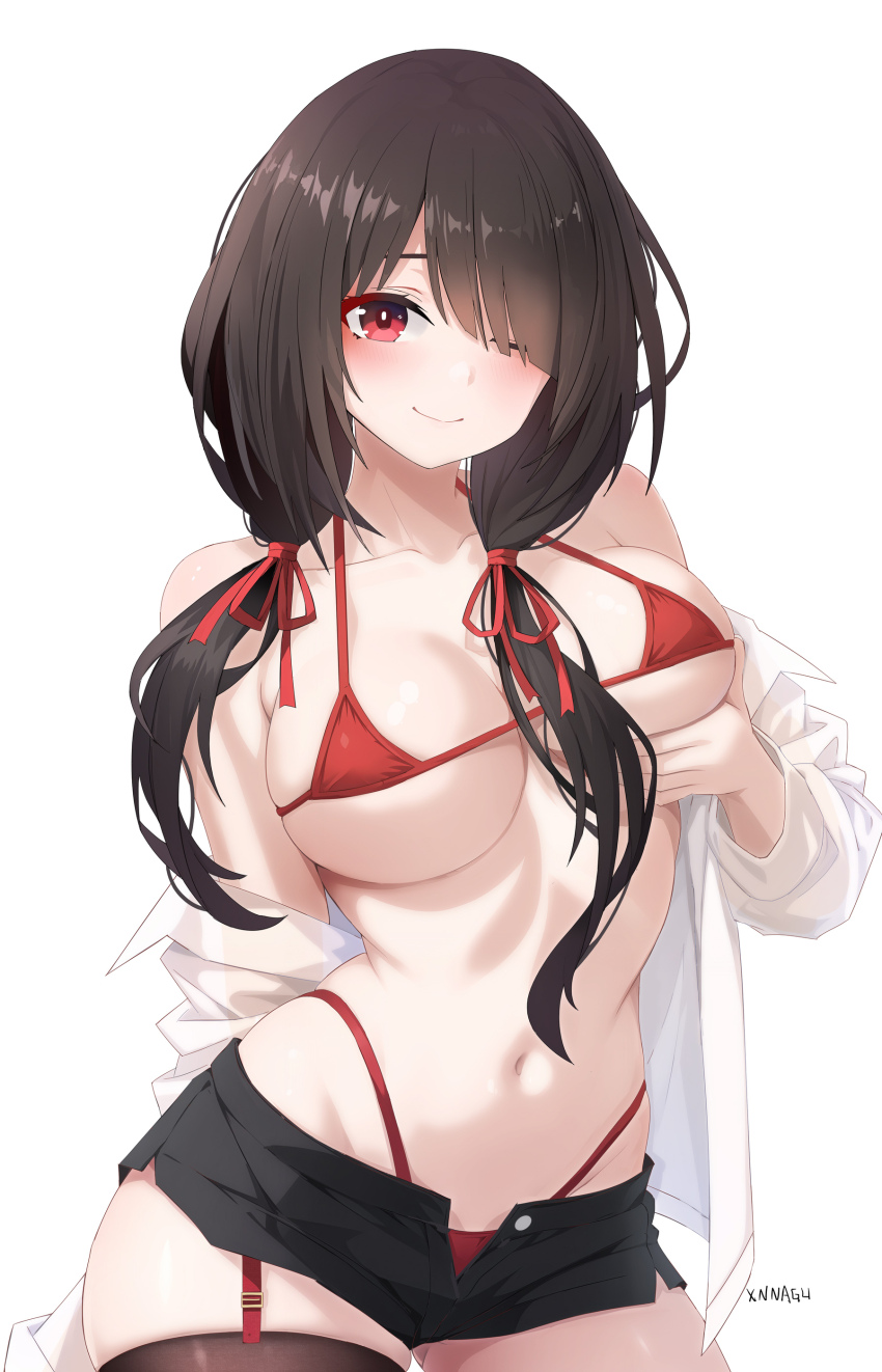 1girl absurdres artist_name bare_shoulders bikini black_hair black_shorts blush breasts closed_mouth collarbone commentary_request cowboy_shot date_a_live hair_over_one_eye hair_ribbon highleg highleg_bikini highres large_breasts long_hair looking_at_viewer low_twintails micro_bikini navel off_shoulder one_eye_closed open_clothes open_fly open_shirt red_bikini red_eyes red_ribbon ribbon shirt short_shorts shorts simple_background skindentation smile solo stomach swimsuit thighs tokisaki_kurumi twintails white_background white_shirt xnnagu