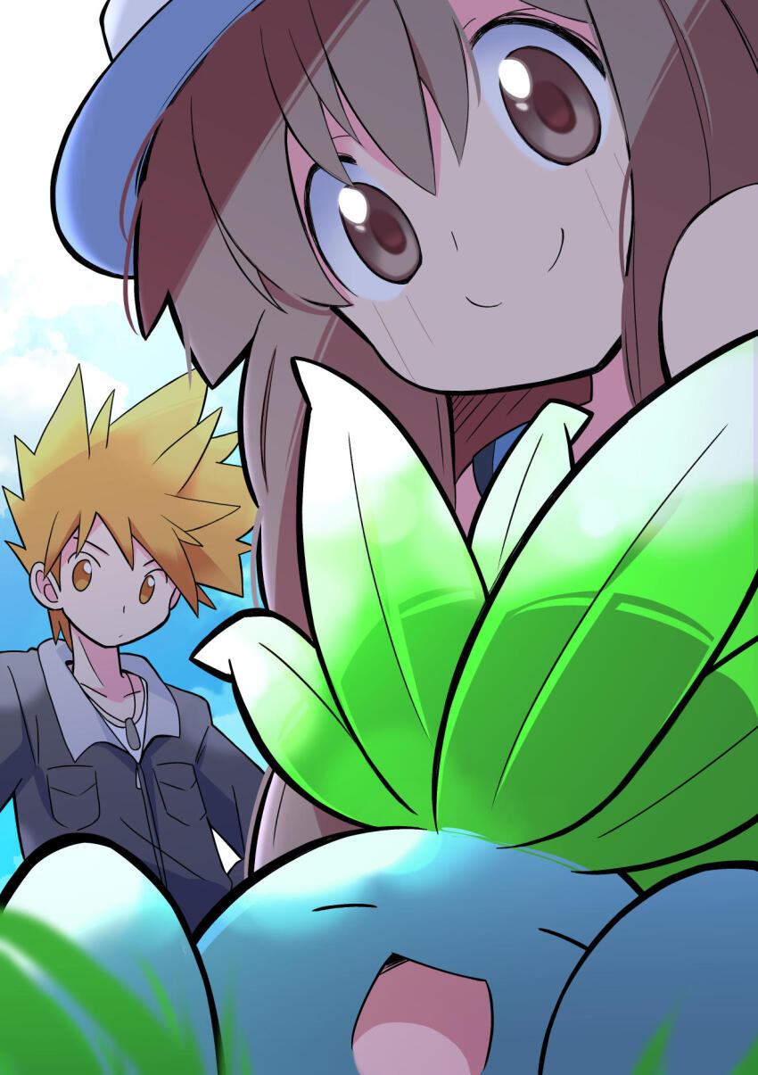 1boy 1girl black_jacket blue_oak brown_eyes brown_hair closed_mouth gen_1_pokemon happy hat highres jacket jewelry long_hair looking_at_viewer necklace nintendo oddish pokemon pokemon_(creature) pokemon_frlg pokemon_hgss rascal_(feuille) smile spiked_hair white_hat