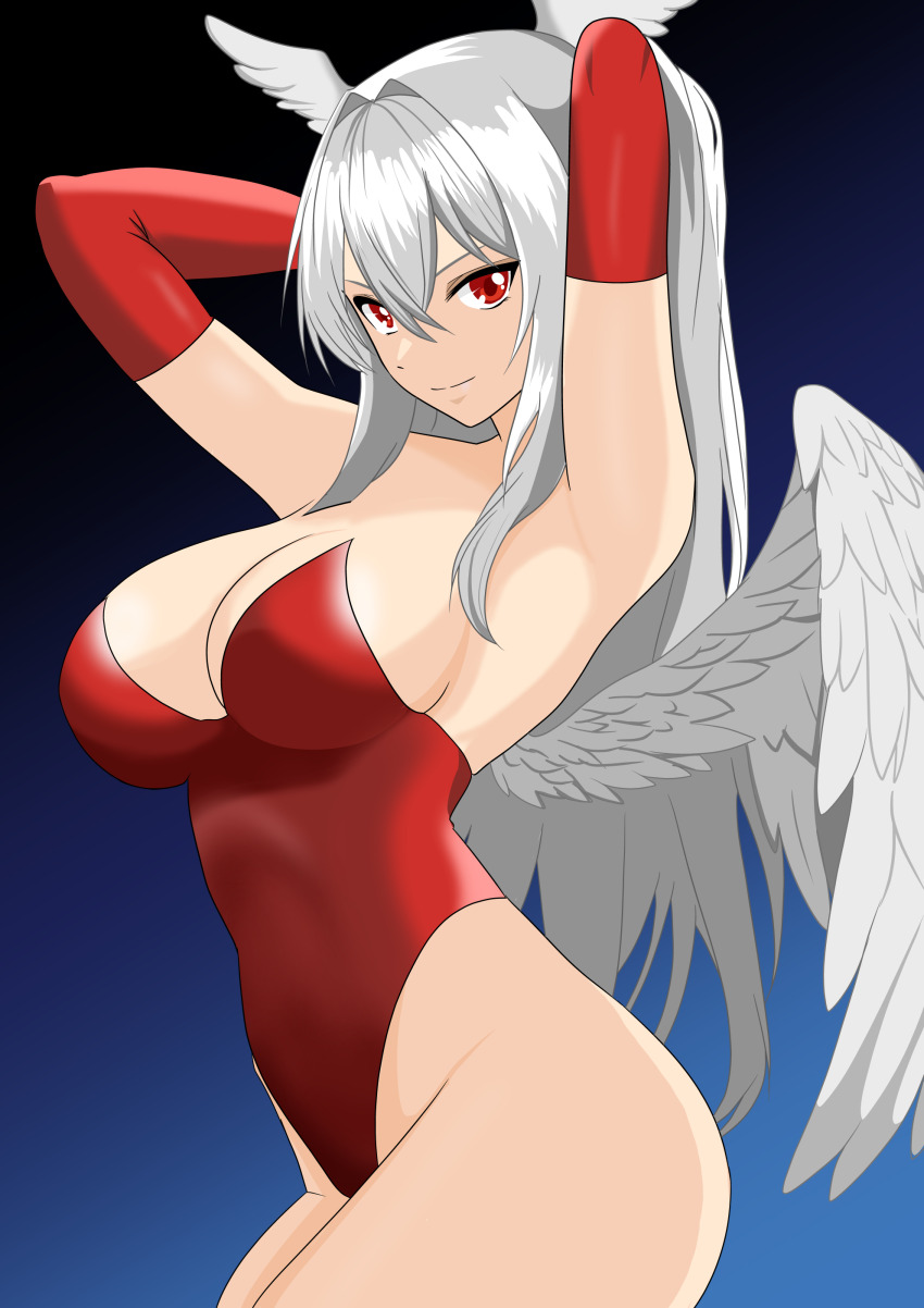 1girl absurdres angel angel_wings armpits arms_behind_head breasts cleavage commentary_request elbow_gloves final_fantasy final_fantasy_tactics gloves grey_hair grey_wings hair_between_eyes head_wings highres large_breasts leotard long_hair looking_at_viewer red_eyes red_gloves red_leotard sidelocks solo strapless strapless_leotard ultima_(fft) very_long_hair wings yuuyuu_(3jjbn)