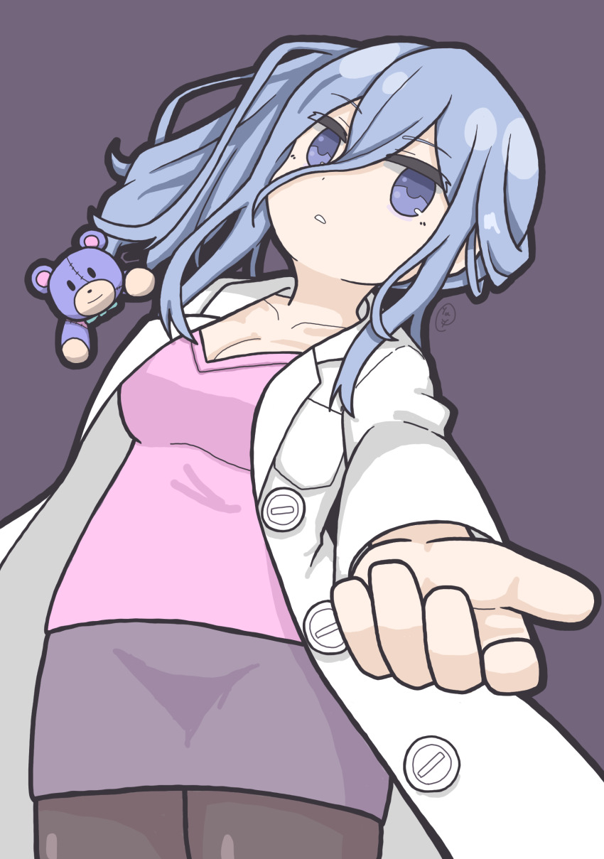 1girl absurdres blue_eyes blue_hair breasts collarbone date_a_live hair_between_eyes highres lab_coat medium_breasts murasame_reine pantyhose parted_lips skirt solo stuffed_animal stuffed_toy teddy_bear yaye5353