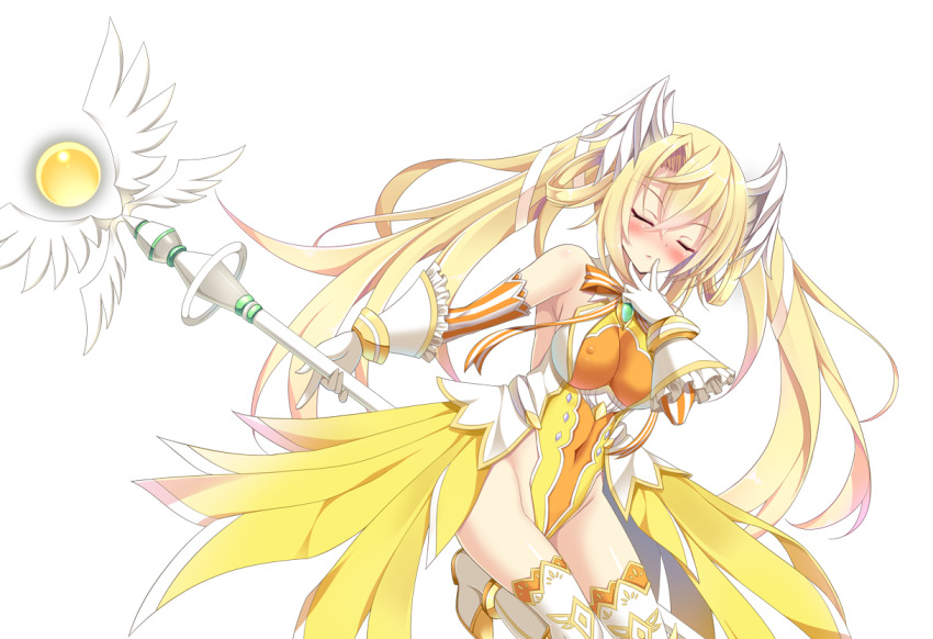 1girl bare_shoulders blonde_hair blush boots bow breasts chest_jewel chikubi_(artist) closed_eyes covered_erect_nipples covered_navel detached_sleeves elbow_gloves floating_hair game_cg gloves hair_between_eyes hair_rings hand_to_own_mouth head_wings highleg highleg_leotard holding holding_staff holding_wand kusarou large_breasts large_variant_set leg_up leotard long_hair magical_girl mahou_shoujo_inori mamiya_seira non-web_source official_art orb ribbon showgirl_skirt sideboob simple_background skin_tight solo staff standing striped_clothes thigh_boots thighhighs transparent_background twintails variant_set very_long_hair wand white_gloves white_ribbon white_thighhighs wings yellow_leotard