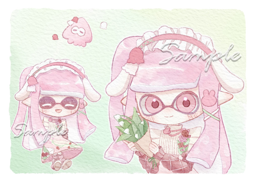1girl ^_^ animal_ears apron blunt_bangs blunt_ends border bouquet brooch brown_sleeves chibi chinese_commentary closed_eyes closed_mouth commentary_request envelope extra_ears flower flower_brooch frilled_apron frilled_hairband frilled_leg_warmers frilled_skirt frills green_background green_ribbon hair_ornament hair_ribbon hairband happy highres holding holding_bouquet inkling_girl inkling_player_character jewelry lanmeier leg_warmers light_blush lily_of_the_valley lolita_hairband long_hair long_skirt multiple_views nintendo one_side_up outline petals pink_eyes pink_hair pink_hairband pink_leg_warmers pink_skirt pointy_ears rabbit_ears rabbit_hair_ornament ribbon rose_petals shirt shoes skirt sleeve_ribbon smile splatoon_(series) splatoon_3 squid squid_hair_ornament straight_hair tress_ribbon two-tone_ribbon upper_body very_long_hair white_apron white_border white_flower white_outline white_ribbon white_shirt white_shoes