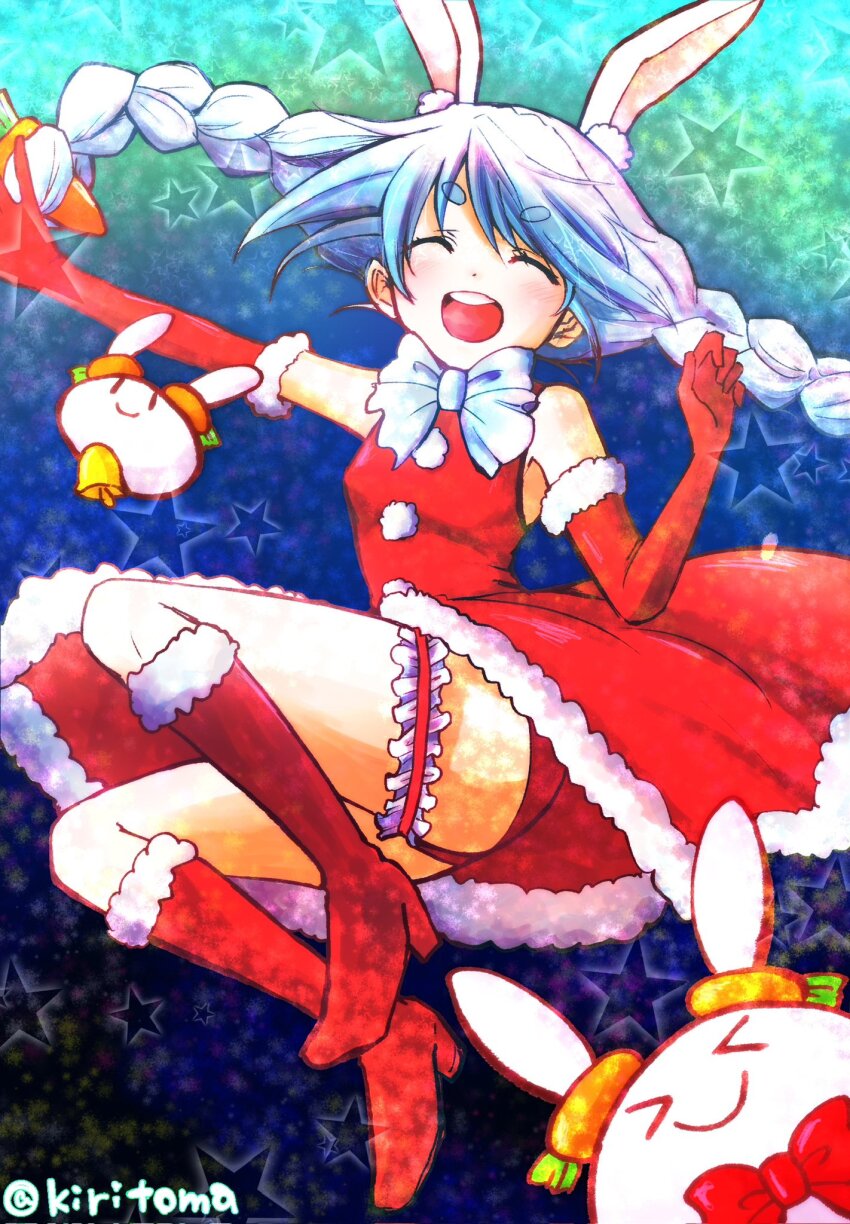 &gt;_&lt; 1girl :d ^_^ ass bare_shoulders bell blue_hair boots braid carrot_hair_ornament closed_eyes closed_mouth commentary_request dress elbow_gloves food-themed_hair_ornament frills fur-trimmed_boots fur-trimmed_dress fur-trimmed_gloves fur_trim gloves hair_ornament highres hololive kiritoma knee_boots long_hair multicolored_hair open_mouth panties pekomon_(usada_pekora) red_boots red_dress red_gloves red_panties round_teeth sleeveless sleeveless_dress smile star_(symbol) teeth thigh_strap twin_braids twintails two-tone_hair underwear upper_teeth_only usada_pekora very_long_hair virtual_youtuber white_hair