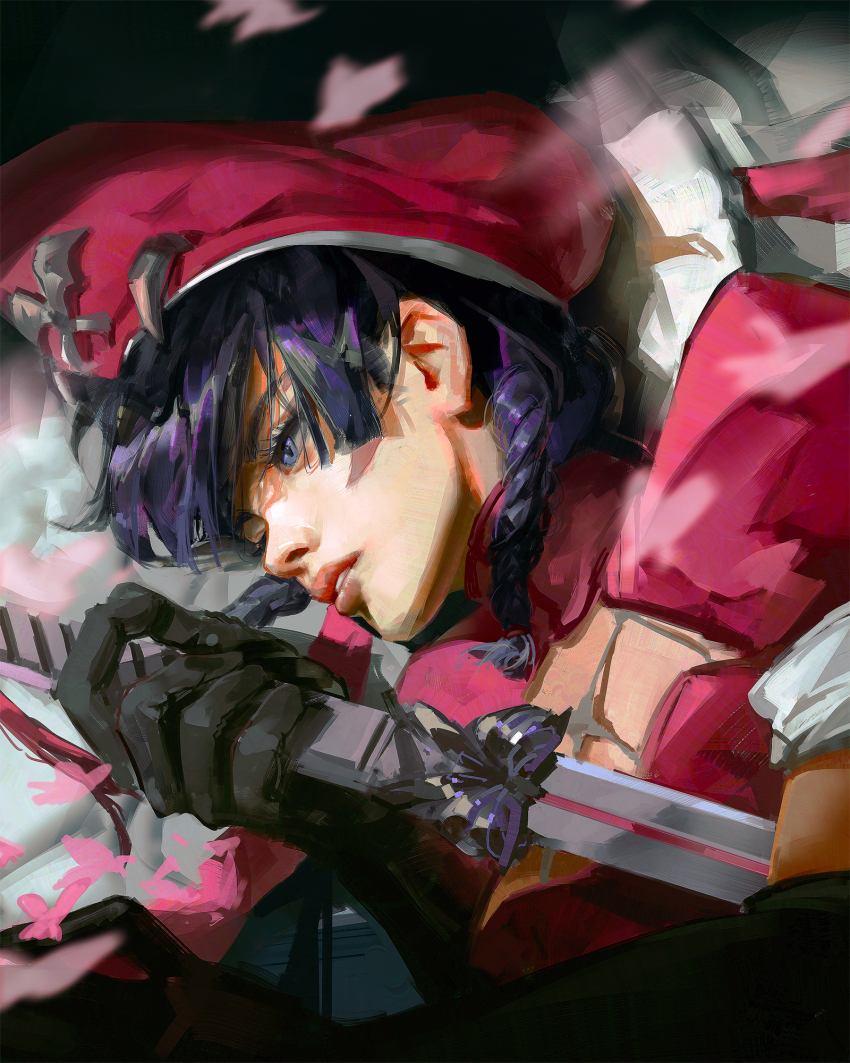 1girl black_gloves black_hair blue_eyes braid breasts dress elbow_gloves gloves hair_over_one_eye hat highres long_hair marvel marvel_rivals official_alternate_costume pluvium_grandis psylocke psylocke_(blood_kariudo) red_dress red_hat solo twin_braids x-men