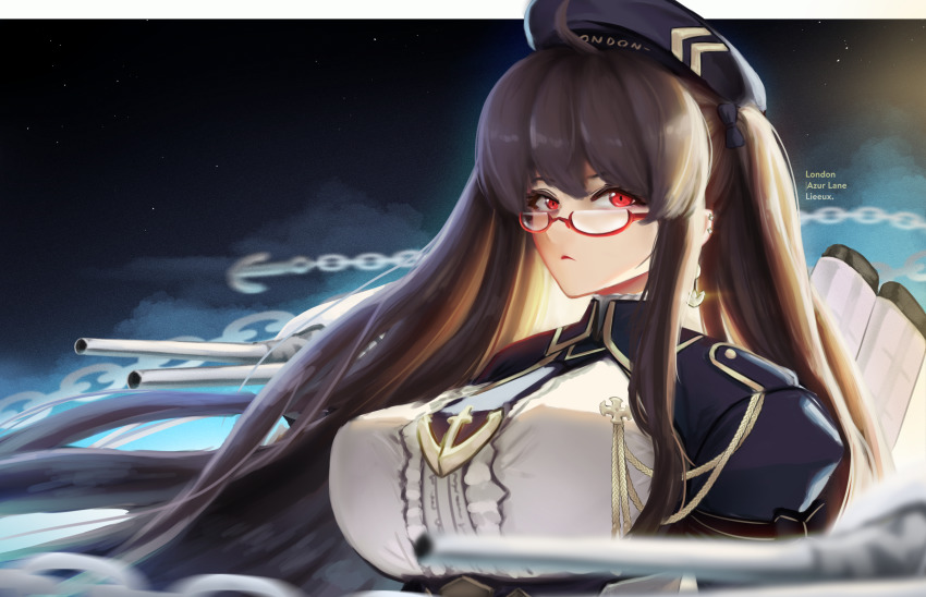 1girl alternate_breast_size anchor_symbol artillery artist_name azur_lane beret breasts brown_hair chain character_name framed_breasts hat highres huge_breasts jacket lieeux london_(azur_lane) london_(retrofit)_(azur_lane) long_hair looking_at_viewer night night_sky purple_hat purple_jacket red-framed_eyewear red_eyes retrofit_(azur_lane) semi-rimless_eyewear ship_turret shirt sky solo upper_body very_long_hair white_shirt