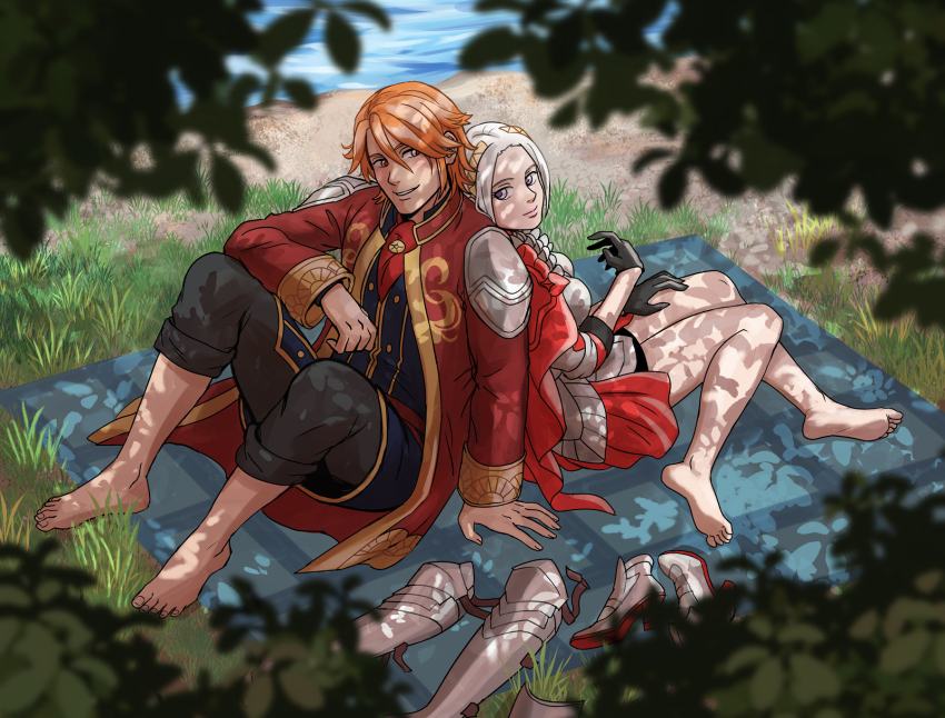 1boy 1girl armor armored_boots bare_legs barefoot behind_another black_gloves blonde_hair blurry boots capelet closed_mouth coat commentary couple depth_of_field edelgard_von_hresvelg edelgard_von_hresvelg_(timeskip) elbow_rest english_commentary ferdinand_von_aegir ferdinand_von_aegir_(timeskip) fire_emblem fire_emblem:_three_houses fire_emblem_warriors:_three_hopes gloves grass hair_between_eyes head_tilt headpiece highres knees_up leaning_back leaning_to_the_side light_blush long_sleeves looking_to_the_side nintendo orange_eyes orange_hair outdoors pants pants_rolled_up parted_bangs parted_lips picnic_blanket pink_lips purple_eyes red_capelet red_coat rijinks shade short_hair shoulder_armor sitting sleeves_rolled_up smile tree tree_shade unworn_armor unworn_boots water