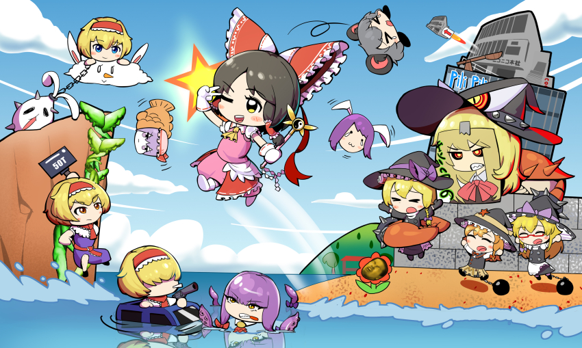 1boy 6+girls :3 absurdres algodoo alice_margatroid animal_ears apron arrow_(symbol) azusa_(cookie) ball_and_chain_restraint black_capelet black_coat black_gloves black_hair black_hat black_skirt black_vest blonde_hair blue_sky bow bowtie braid capelet chain chibi chibi_only cigarette cloud coat commentary cookie_(touhou) day english_commentary fake_hisui_(cookie) fluffy_fluffy_rabbit-chan food frilled_apron frills full_body glasses gloves gun hair_bow hakurei_reimu handgun hat hat_ornament hazuna_rio highres hinase_(cookie) hisaka_(cookie) holding holding_gun holding_wand holding_weapon ichigo_(cookie) island jigen_(cookie) jumping kirisame_marisa long_hair magical_girl manatsu_no_yo_no_inmu mario_(series) mouse_ears mouse_girl multiple_girls nazrin niconico niconico_headquarters_(harajuku) nintendo nyon_(cookie) ocean one_eye_closed ooga_chaka open_mouth outdoors patchouli_knowledge pink_shirt pink_skirt plant purple_bow purple_hair rabbit_ears rabbit_girl red-framed_eyewear red_bow red_bowtie red_star rei_(cookie) reisen_udongein_inaba remilia_scarlet revolver ribbon-trimmed_gloves ribbon_trim sananana_(cookie) shirt short_hair single_braid skirt skirt_set sky smile star_(symbol) star_hat_ornament taisa_(cookie) taiyaki tentacles touhou turtleneck turtleneck_shirt uzuki_(cookie) vest vines wagashi waist_apron wand weapon white_apron white_gloves white_shirt witch_hat yajuu_senpai yellow_eyes yin_yang