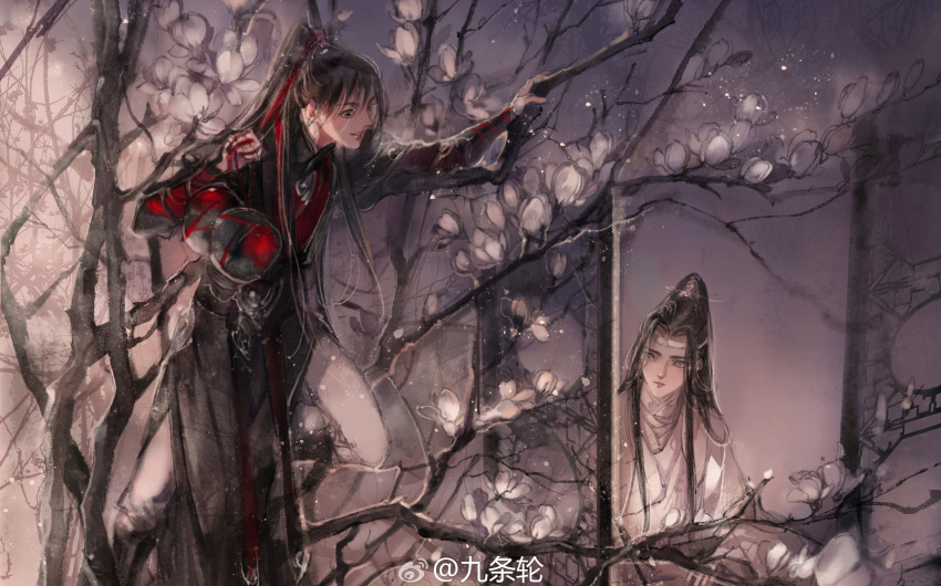 2boys absurdres bare_tree black_boots black_hair black_hanfu blush boots branch chinese_clothes climbing_tree faux_traditional_media flower grey_eyes hair_ribbon hanfu headband high_ponytail highres holding holding_jar implied_yaoi in_tree ink_wash_painting jar kcllzas163 lan_wangji light_particles long_hair long_sleeves looking_at_another male_focus modao_zushi multiple_boys pants parted_lips ponytail red_ribbon ribbon robe third-party_source tree upper_body watermark wei_wuxian weibo_watermark white_flower white_hanfu white_headband white_pants xiao_guan_(headdress)