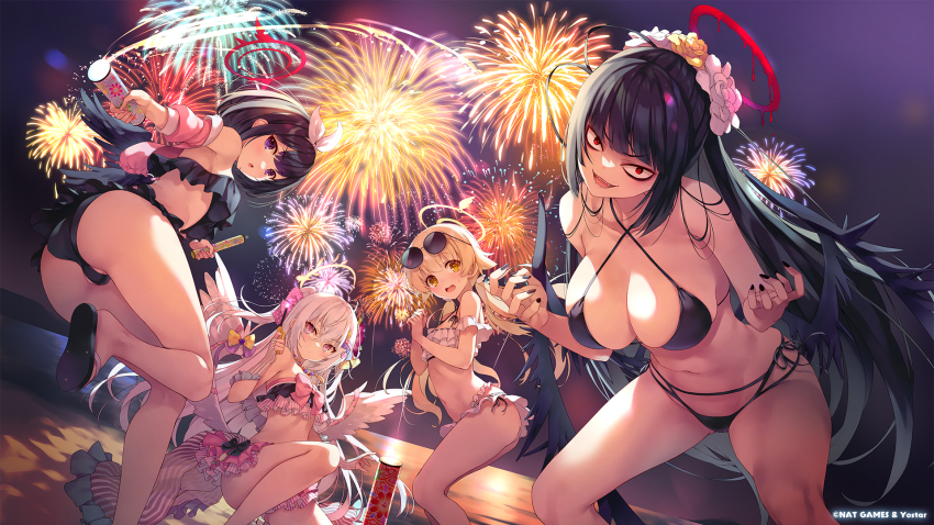 4girls ass azusa_(blue_archive) azusa_(swimsuit)_(blue_archive) beach bikini black_hair blue_archive blush breasts commentary_request constricted_pupils eyewear_on_head fireworks hair_ornament halo hifumi_(blue_archive) hifumi_(swimsuit)_(blue_archive) highres large_breasts long_hair looking_at_viewer low_twintails mashiro_(blue_archive) mashiro_(swimsuit)_(blue_archive) multiple_girls navel night official_alternate_costume official_art open_mouth outdoors partially_visible_vulva red_halo ribbon-trimmed_swimsuit ribbon_trim sand sandals sanpaku short_hair side-tie_bikini_bottom small_breasts swimsuit tomose_shunsaku tsurugi_(blue_archive) tsurugi_(swimsuit)_(blue_archive) twintails white_hair winged_halo wings