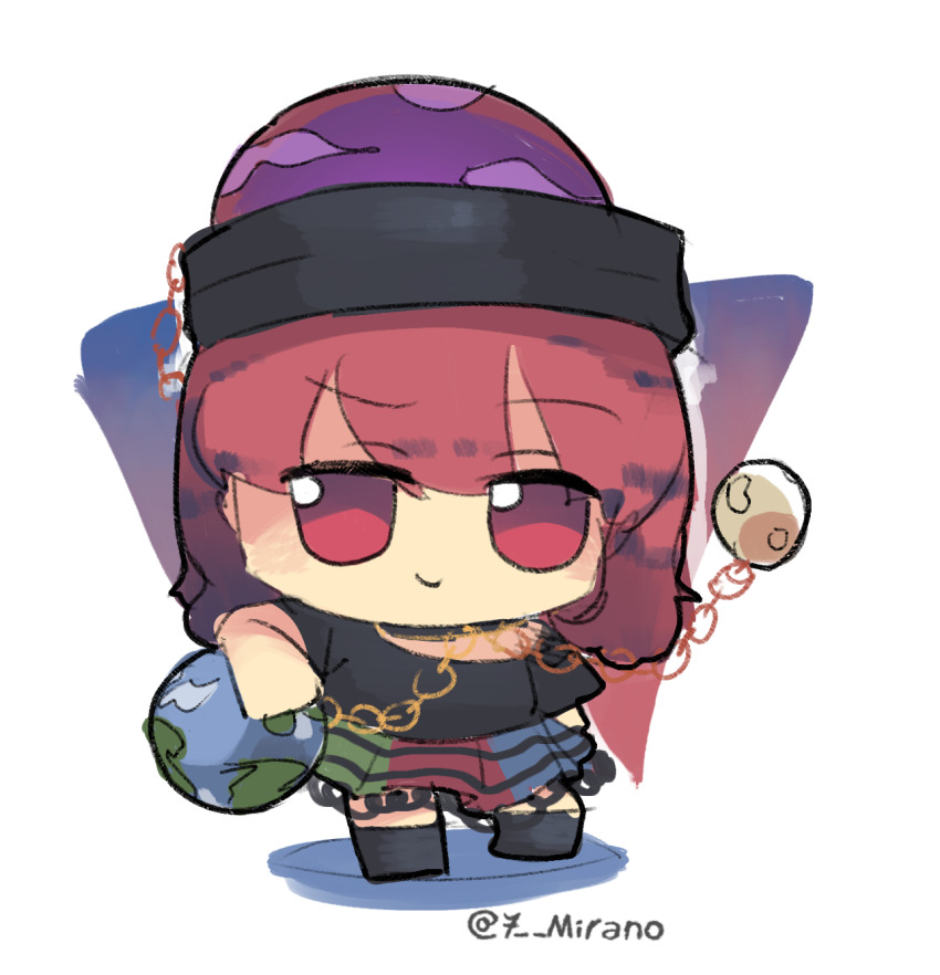 7-mirano black_shirt chain earth_(ornament) fumo_(doll) gold_chain hecatia_lapislazuli highres looking_at_viewer moon_(ornament) multicolored_skirt raised_eyebrow red_hair shirt skirt t-shirt touhou underworld_(ornament)