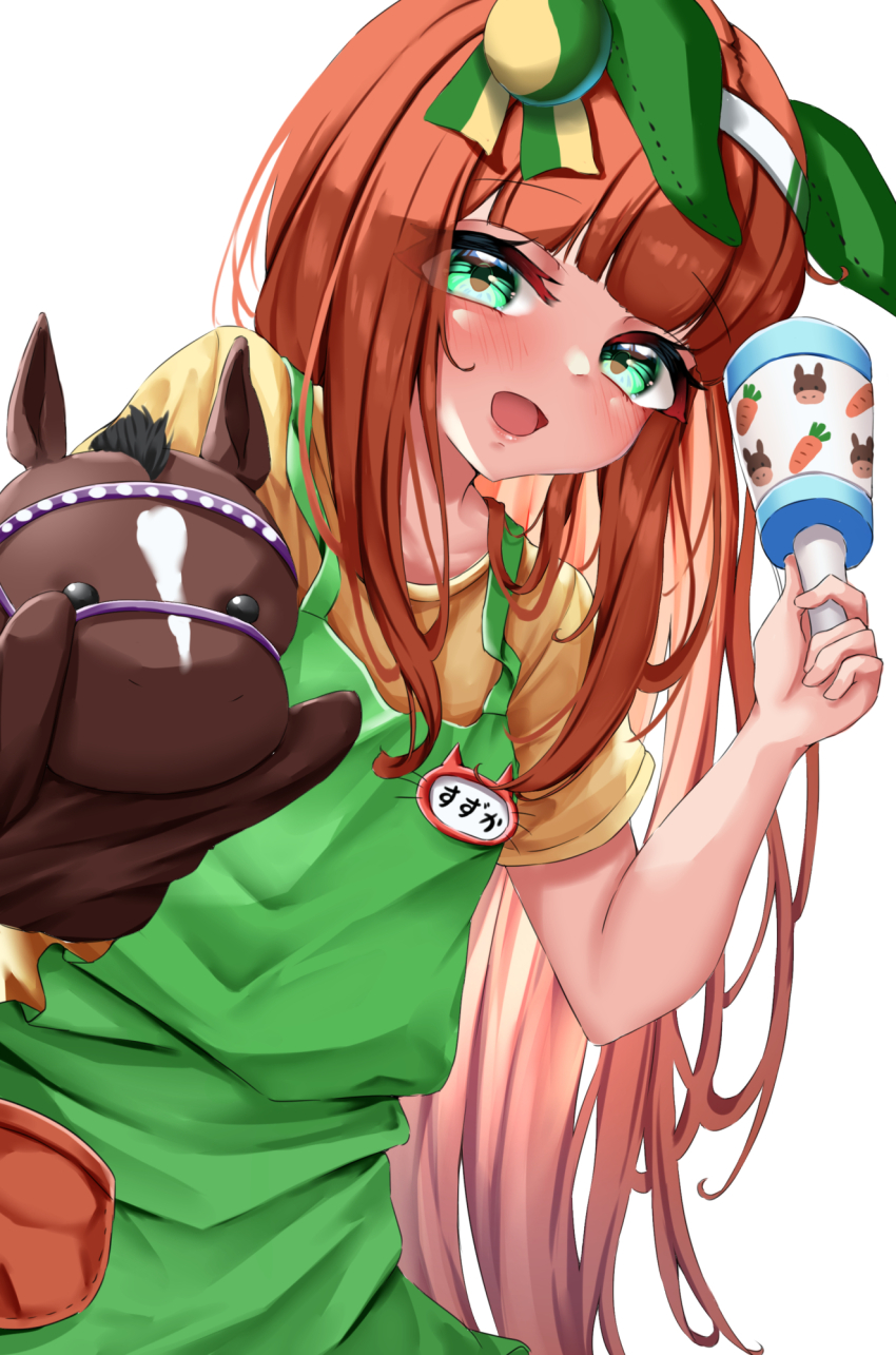 1girl animal_ears apron aqua_eyes bluhs blush commentary_request doll ear_covers ear_ornament ears_down green_apron hairband hand_puppet highres hime_cut holding holding_rattle horse horse_ears horse_girl long_hair looking_at_viewer name_tag puppet rattle shirt short_sleeves silence_suzuka_(umamusume) simple_background smile solo special_week_(racehorse) stuffed_animal stuffed_horse stuffed_toy tabunshake umamusume upper_body white_background white_hairband yellow_shirt
