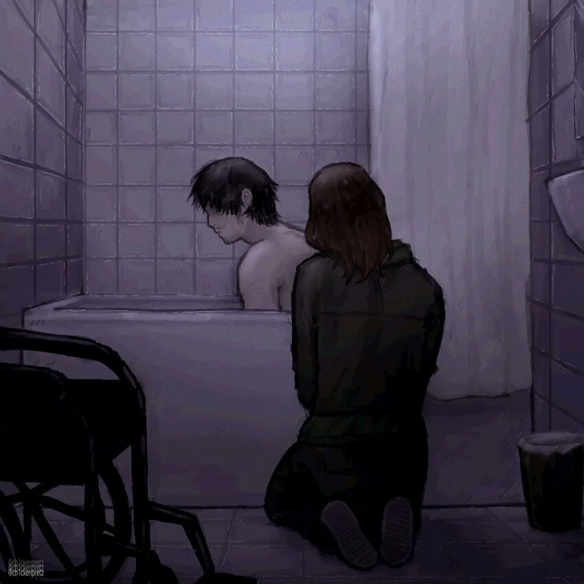1boy 1girl bathing bathroom bathtub black_hair black_hoodie brown_hair ch1ckenpretz cry_of_fear curtains dim_lighting from_behind hair_over_eyes head_tilt highres hood hoodie kneeling looking_at_another simon_henriksson slouching sophie_(cry_of_fear) tile_floor tile_wall tiles trash_can wheelchair