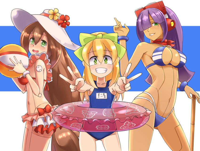 3girls android arm_up ball bandana bandana_around_neck beachball bikini blonde_hair blunt_bangs bow bracelet breasts brown_hair cleavage clenched_teeth cowboy_shot dark-skinned_female dark_skin double_v flower frilled_bikini frills from_side green_eyes hair_bow hair_ornament hair_over_eyes hair_over_one_eye hat headgear headset high_ponytail highres hime_cut holding holding_ball holding_beachball innertube iris_(mega_man) ishigaki_(sora_roxas) jewelry joints large_breasts layer_(mega_man) long_hair looking_at_viewer medium_breasts mega_man_(series) mega_man_x_(series) mega_man_x_dive mole mole_under_eye multiple_girls navel navigator o-ring o-ring_bikini official_alternate_costume open_mouth pink_innertube ponytail purple_hair red_bikini red_scarf robot_ears robot_girl robot_joints roll_(mega_man) scarf school_swimsuit simple_background smile striped_bikini striped_clothes sun_hat sun_hat_ornament swim_ring swimsuit swimsuit_iris_(mega_man) swimsuit_layer_(mega_man) swimsuit_roll_(mega_man) teeth v very_long_hair
