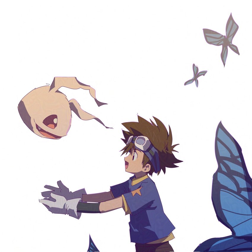 blue_shirt brown_eyes brown_hair brown_shorts bug butterfly cowboy_shot digimon digimon_(creature) digimon_adventure from_side goggles goggles_on_head highres insect koromon male_focus midair profile shirt shorts simple_background strawvery_1318 white_background yagami_taichi