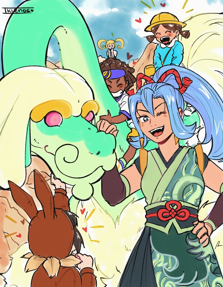 1boy 3girls absurdres blonde_hair blue_eyes blue_hair clair_(new_year&#039;s_2024)_(pokemon) clair_(pokemon) cosplay dark-skinned_male dark_skin drampa eevee eevee_(cosplay) furisode_girl_(pokemon) furisode_girl_katherine gen_1_pokemon gen_7_pokemon heart highres kigurumi multiple_girls nintendo niosklastenos official_alternate_costume one_eye_closed poke_kid_(pokemon) pokemon pokemon_(creature) pokemon_bw pokemon_masters_ex pokemon_swsh pokemon_xy preschooler_(pokemon) spanish_commentary teeth youngster_(pokemon)