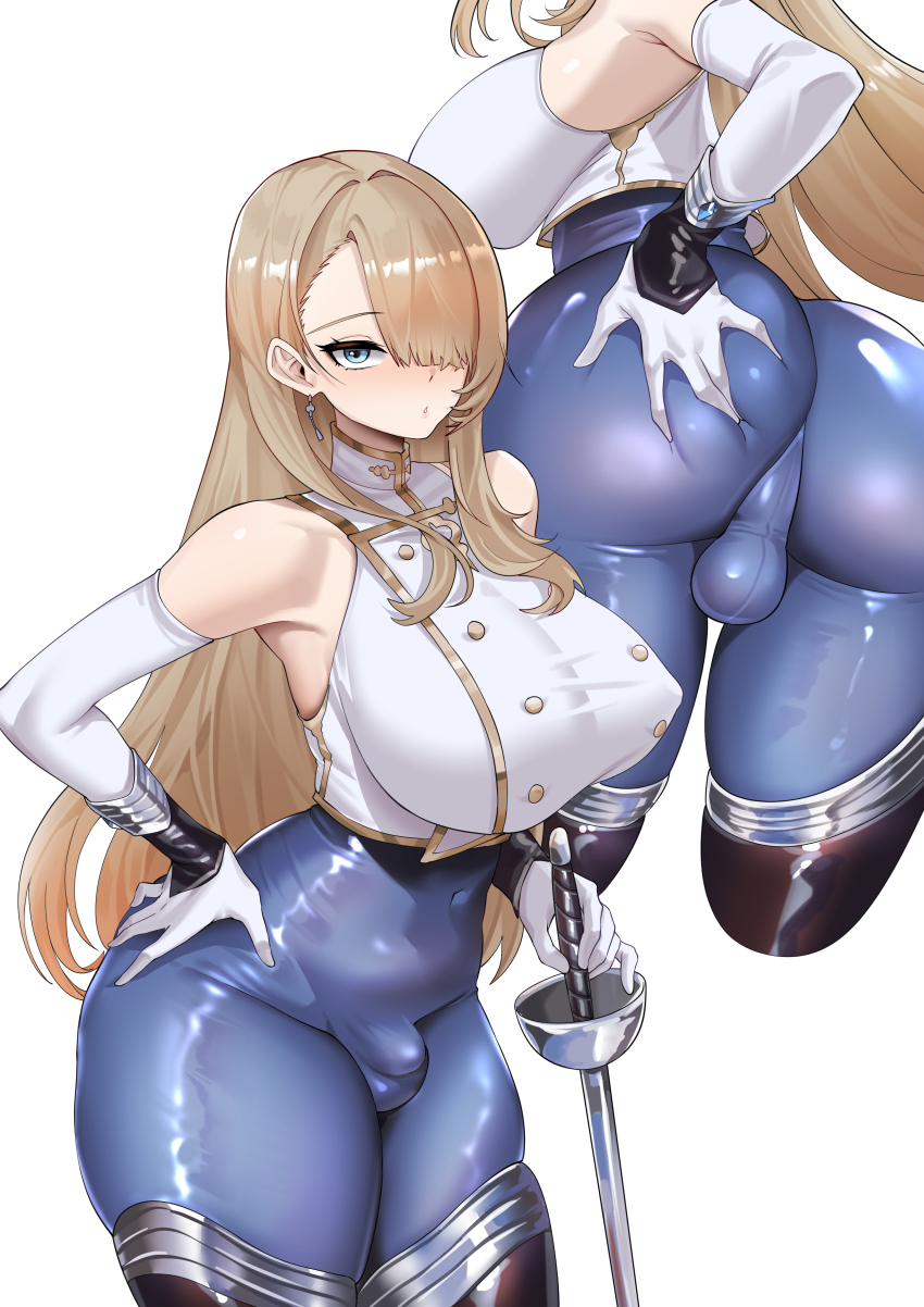1futa absurdres ass blue_eyes blue_pants breasts brown_dust_(series) brown_dust_2 brown_hair bulge commentary covered_navel covered_testicles earrings elbow_gloves english_commentary futanari gloves grabbing_own_ass hair_over_one_eye highres holding holding_sword holding_weapon huge_ass huge_breasts jewelry large_breasts long_hair looking_at_viewer multiple_views paid_reward_available pants rapier shirt simple_background sleeveless sleeveless_shirt solo sword testicles tight_clothes tight_pants weapon white_background white_gloves white_shirt wilhelmina_(brown_dust) wujack