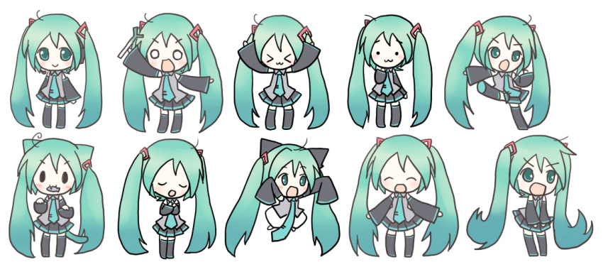 &gt;_&lt; :3 ahoge animal_ears aqua_eyes aqua_hair cat_ears cat_tail chibi detached_sleeves closed_eyes fish hatsune_miku kicking long_hair mouth_hold music necktie nyoro~n o_o parody potemayo sakuramori_sumomo singing skirt spring_onion tail thighhighs twintails vocaloid x3 zettai_ryouiki