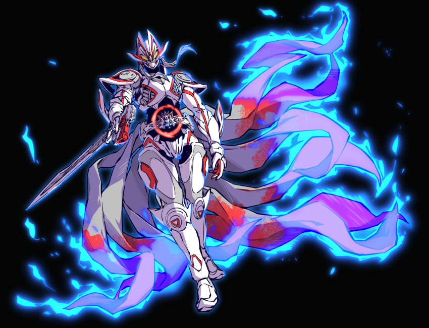 1boy absurdres adapted_costume armor black_background blue_fire boost_mark_ix_buckle cape commentary_request desire_driver rider_belt fire fox_mask full_body geats_buster_qb9 gunblade highres holding holding_weapon kamen_rider kamen_rider_geats kamen_rider_geats_(series) kamen_rider_geats_ix linnnoj male_focus mask simple_background solo tokusatsu weapon yellow_eyes
