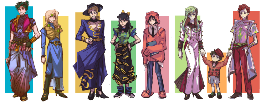 4boys 4girls absurdres child crossdressing family father_and_daughter genderswap genderswap_(ftm) genderswap_(mtf) higashikata_daiya higashikata_hato higashikata_jobin higashikata_joshu higashikata_kato higashikata_mitsuba higashikata_norisuke_iv higashikata_tsurugi highres jojo_no_kimyou_na_bouken jojolion mother_and_daughter multiple_boys multiple_girls siblings simple_background swampland
