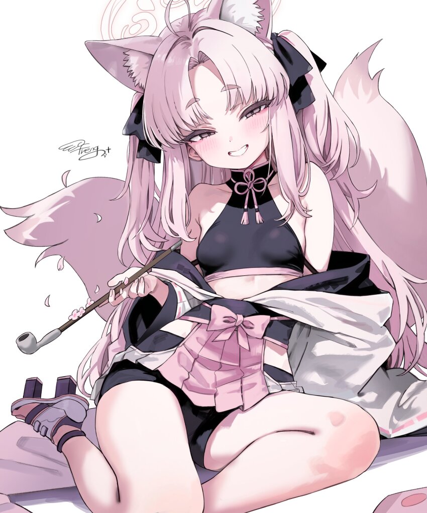 1girl absurdres animal_ear_fluff animal_ears bare_shoulders bike_shorts blue_archive bow breasts crop_top eyeshadow fox_ears fox_girl fox_tail freng geta grey_eyes grin highres holding holding_smoking_pipe kuzunoha_(blue_archive) long_hair looking_at_viewer makeup multiple_tails off_shoulder pink_bow pink_hair pink_tail red_eyeshadow signature simple_background sitting small_breasts smile smoking_pipe solo tail thighs two_side_up two_tails white_background white_hair