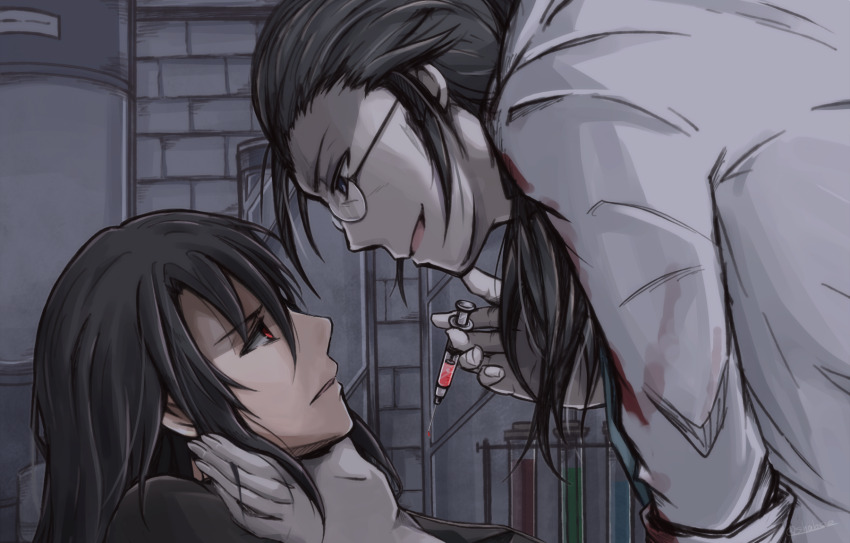 2boys black_hair blood blood_on_clothes dirge_of_cerberus_final_fantasy_vii final_fantasy final_fantasy_vii glasses hair_over_shoulder hand_on_another&#039;s_chin highres holding holding_syringe lab_coat looking_at_another low_ponytail male_focus multiple_boys nanao_(zonzonsh) open_mouth pale_skin parted_lips ponytail professor_houjou red_eyes smile syringe upper_body vincent_valentine