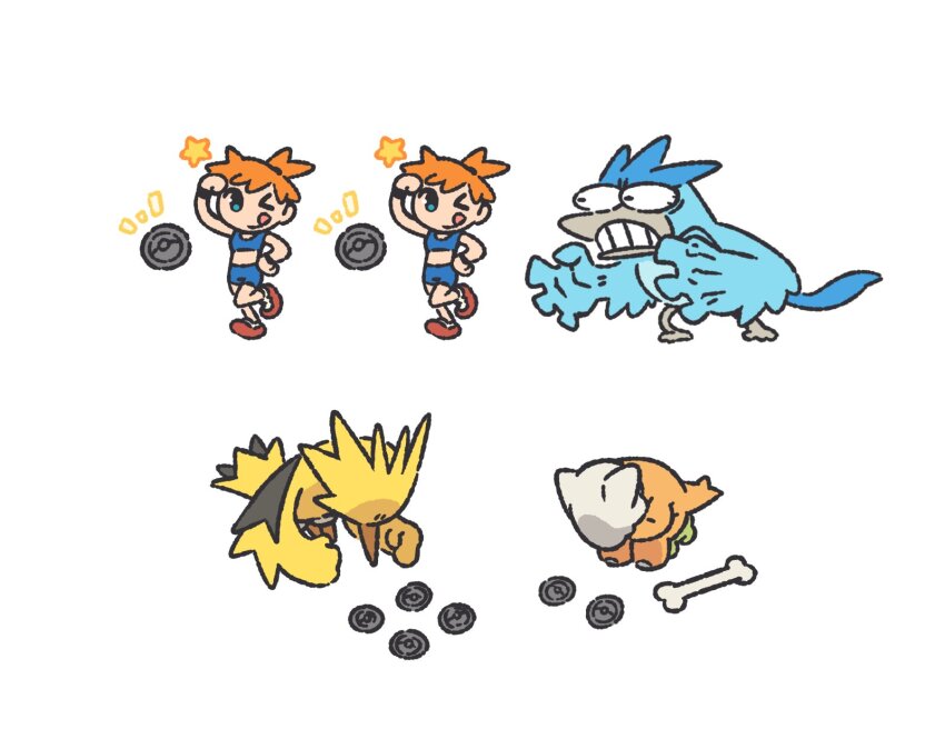 1girl articuno clenched_teeth depressed full_body gen_1_pokemon gym_uniform highres legendary_pokemon looking_at_another looking_at_viewer marowak meme meme_attire misty_(pokemon) multiple_others neon_genesis_evangelion nintendo one_eye_closed orange_hair plainwhite pokemon pokemon_(creature) pokemon_frlg pokemon_tcg pokemon_tcg_pocket shaded_face shinji_in_a_chair_(meme) side_ponytail sitting teeth tongue tongue_out wink zapdos