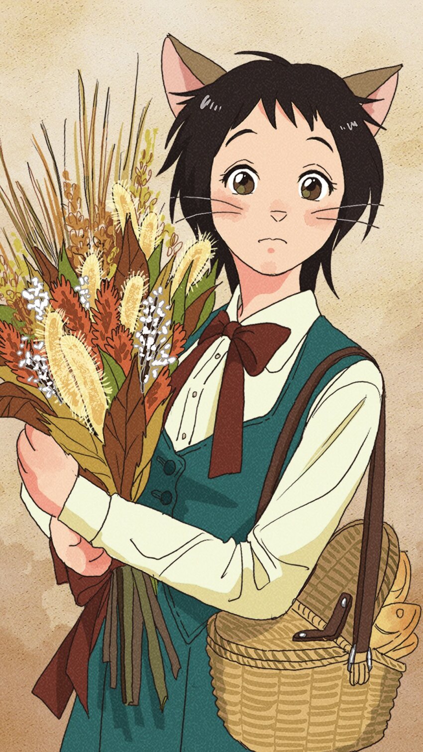 1girl animal_ears autumn_leaves basket black_hair blue_skirt blue_vest blush bouquet bow bowtie brown_background brown_eyes cat_ears cat_girl closed_mouth collared_shirt cowboy_shot dress_shirt fish flower food highres holding holding_bouquet leaf long_sleeves looking_at_viewer neko_no_ongaeshi red_bow red_bowtie rikaco1988 shirt short_hair skirt skirt_set snout solo vest whiskers white_flower white_shirt yoshioka_haru