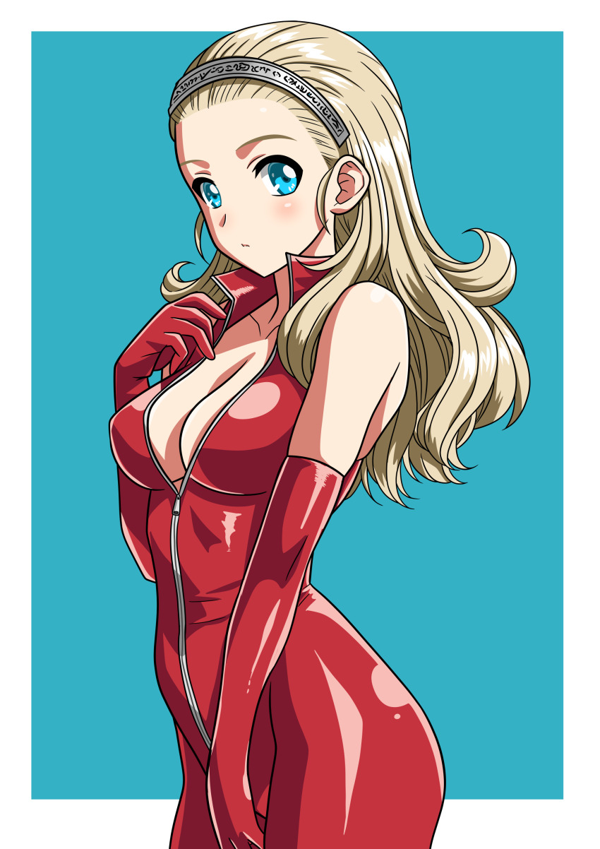 1girl absurdres anlucea bare_shoulders blonde_hair blue_background blue_eyes blush bodysuit breasts cleavage curly_hair dragon_quest dragon_quest_x elbow_gloves gloves hair_pulled_back highres large_breasts latex latex_bodysuit long_hair looking_at_viewer red_bodysuit red_gloves red_tabard silver_hairband simple_background solo tabard yuuyuu_(3jjbn)