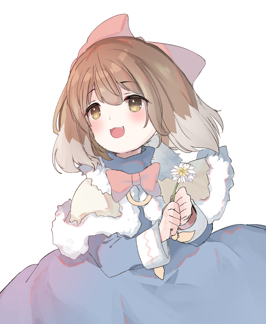 1girl absurdres animal_ears blue_dress bow bow_alma brown_eyes brown_hair capelet dog_ears dog_girl dress emil_chronicle_online flower hair_bow highres holding holding_flower horingen open_mouth red_ribbon ribbon white_background