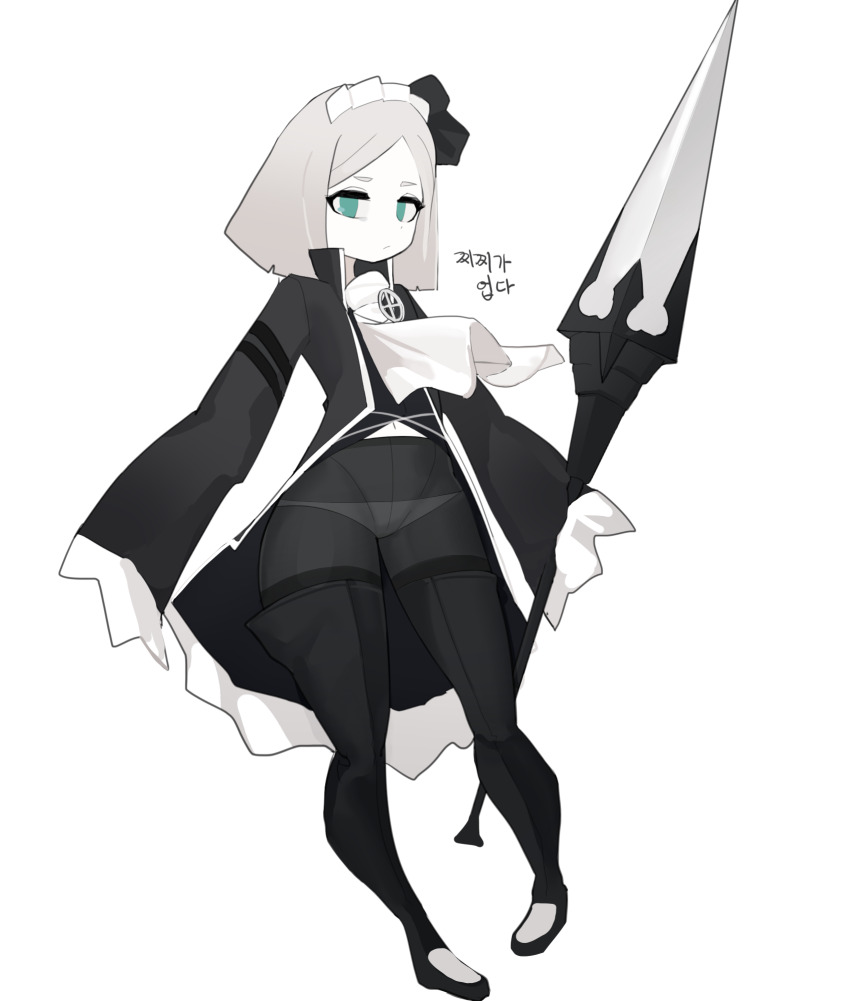 1girl ascot black_coat black_pantyhose closed_mouth coat full_body gya_rb highres holding holding_polearm holding_weapon library_of_ruina long_sleeves looking_at_viewer pamela_(project_moon) panties panties_under_pantyhose pantyhose polearm project_moon short_hair simple_background solo spear thick_thighs thighs underwear weapon white_ascot white_background white_hair white_panties