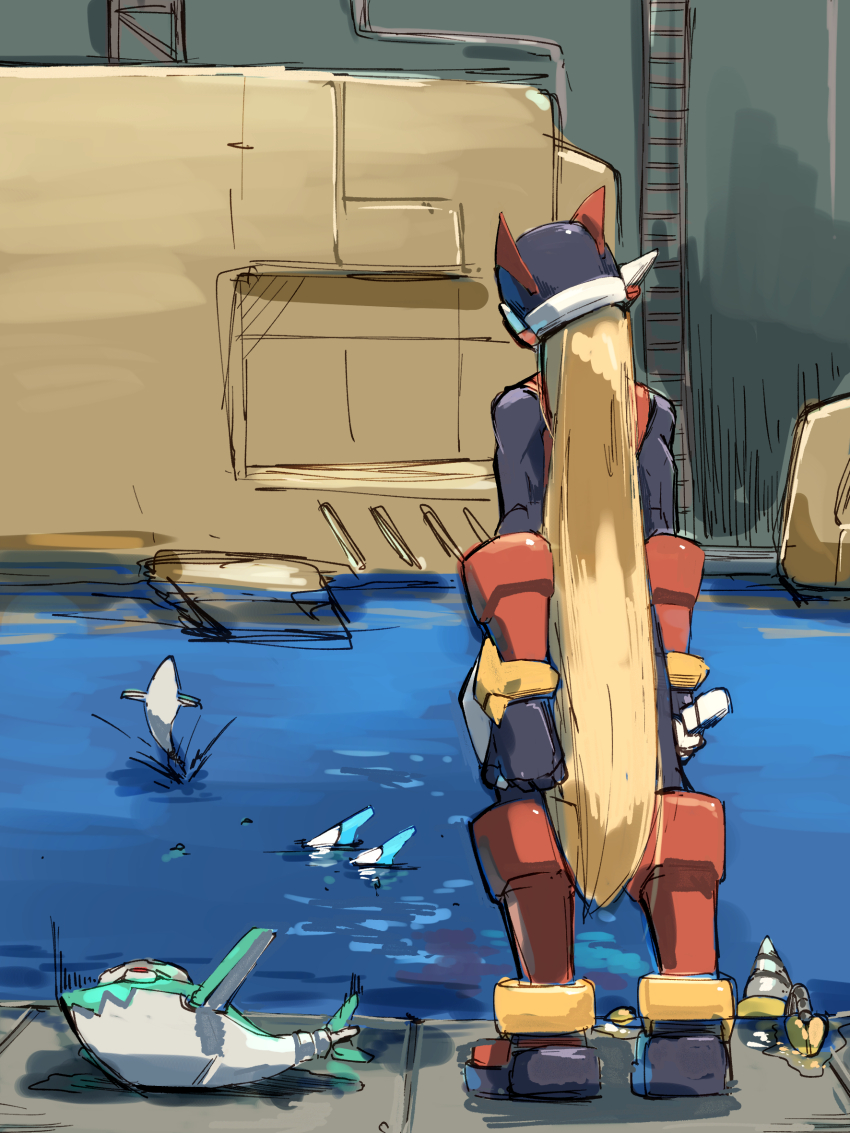 1boy 1girl armor blonde_hair fairy_leviathan_(mega_man) from_behind helmet highres lake long_hair mega_man_(series) mega_man_zero_(series) omochi_(mochi_skymega) red_armor red_helmet standing zero(z)_(mega_man) zero_(mega_man)