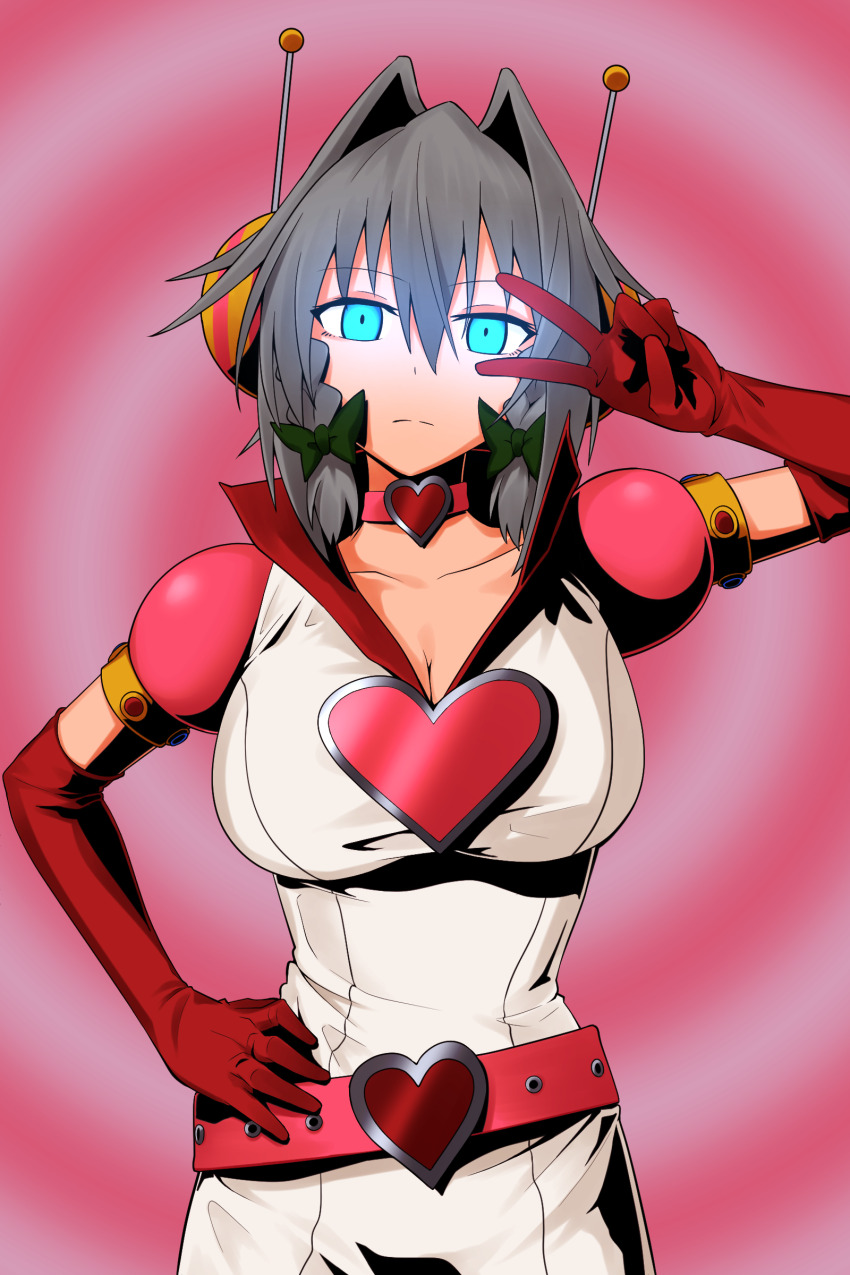 1girl absurdres alternate_costume blue_eyes bow braid breasts choker cleavage closed_mouth commentary_request elbow_gloves gloves glowing glowing_eyes green_bow greenkohgen grey_hair hair_bow hand_on_own_hip headphones highres izayoi_sakuya looking_at_viewer magical_girl princess_heart red_gloves short_sleeves silent_hill_(series) silent_hill_3 solo touhou twin_braids v v_over_eye