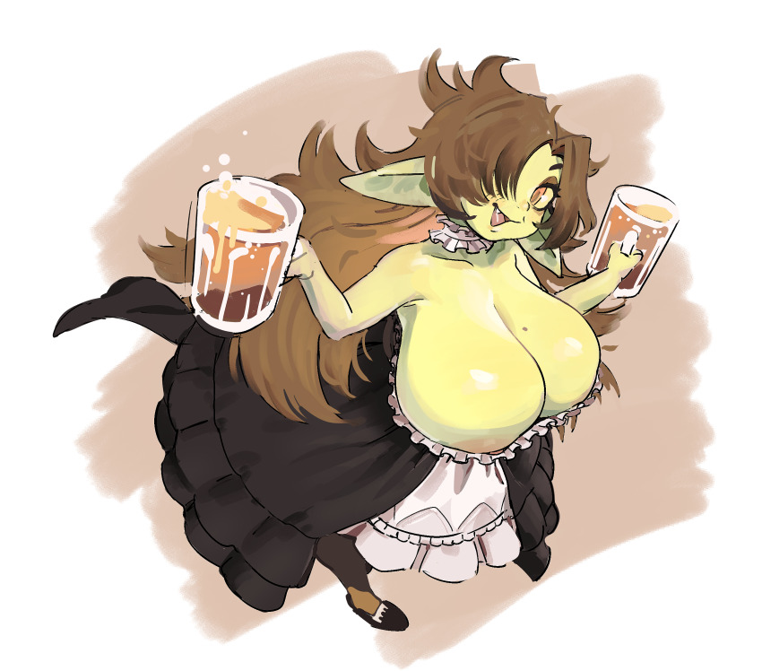 1girl barmaid beer_mug black_dress breasts brown_hair clip_studio_paint_(medium) colored_sclera colored_skin cup dress female_goblin from_above goblin green_skin hair_over_one_eye highres holding holding_cup huge_breasts long_hair looking_at_viewer mug open_mouth orange_eyes original pointy_ears solo strapless strapless_dress tyoink yellow_sclera