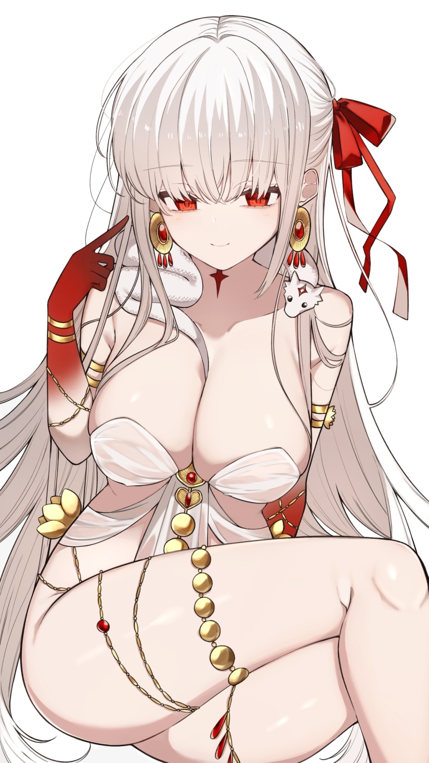 1girl absurdres armlet bare_shoulders belly_chain blush body_markings bracelet breasts cleavage collarbone colored_skin commentary_request dress durga_(fate) durga_(first_ascension)_(fate) earrings fate/grand_order fate_(series) gradient_skin grey_hair hair_ribbon highres jewelry large_breasts long_hair looking_at_viewer mati5572 red_eyes red_skin revealing_clothes ribbon sash smile snake solo thighs very_long_hair white_dress