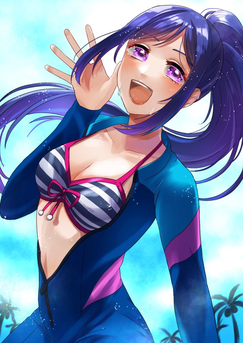 1girl artist_name artist_request bikini bikini_top_only bikini_under_clothes blue_bikini blue_bodysuit blue_hair blue_sky blush bodysuit breasts center_opening cleavage cloud collarbone day diving diving_suit female_focus floating_hair freediving front-tie_bikini_top front-tie_top hair_between_eyes halterneck hand_wave high_ponytail highres long_hair looking_at_viewer love_live! love_live!_school_idol_festival love_live!_sunshine!! matsuura_kanan medium_breasts open_bodysuit open_clothes outdoors palm_tree parted_lips ponytail purple_eyes sky sly smile solo string_bikini striped_bikini striped_bikini_top striped_clothes swimsuit tree unzipped wavy_mouth wetsuit white_bikini zipper zipper_pull_tab