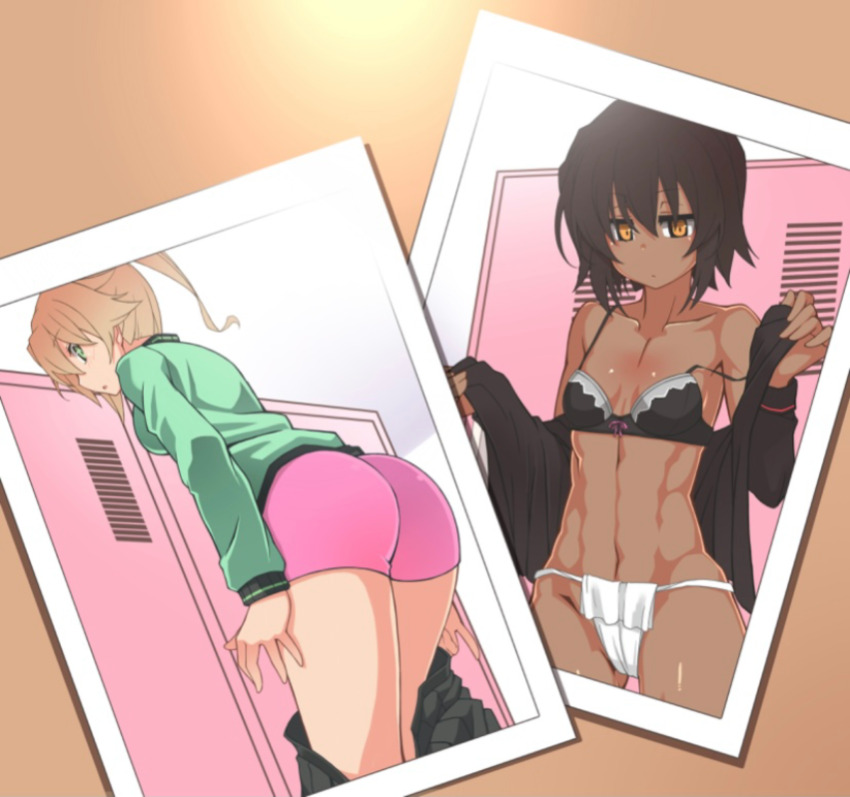 2girls ass black_bra black_hair black_skirt blonde_hair bow bow_bra boyshort_panties bra dressing green_eyes green_jacket highres jacket kagari_rukako kakiku_keiko locker locker_room looking_back multiple_girls muscular muscular_female original oteruko_(wanabeee) panties pink_panties pink_shorts pleated_skirt shorts skirt thong underwear yellow_eyes