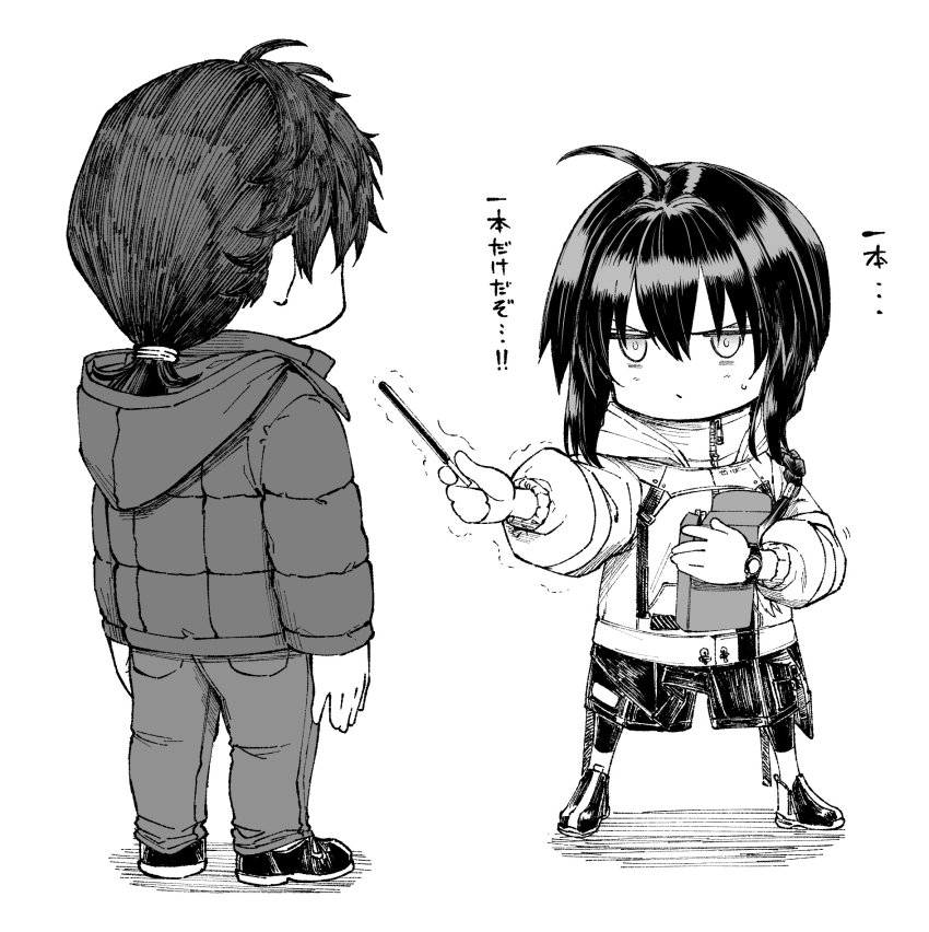 1boy 1other ahoge androgynous black_hair black_leggings braid contemporary down_jacket fate/samurai_remnant fate_(series) food greyscale hair_over_shoulder high_collar highres holding holding_food holding_pocky hood hood_down hooded_jacket jacket leggings leggings_under_shorts long_hair long_sleeves low_ponytail miyamoto_iori_(fate) monochrome mugetsu2501 pants pocky pocky_day ponytail shoes short_ponytail shorts sidelocks single_braid sweat translated white_jacket yamato_takeru_(fate) zipper
