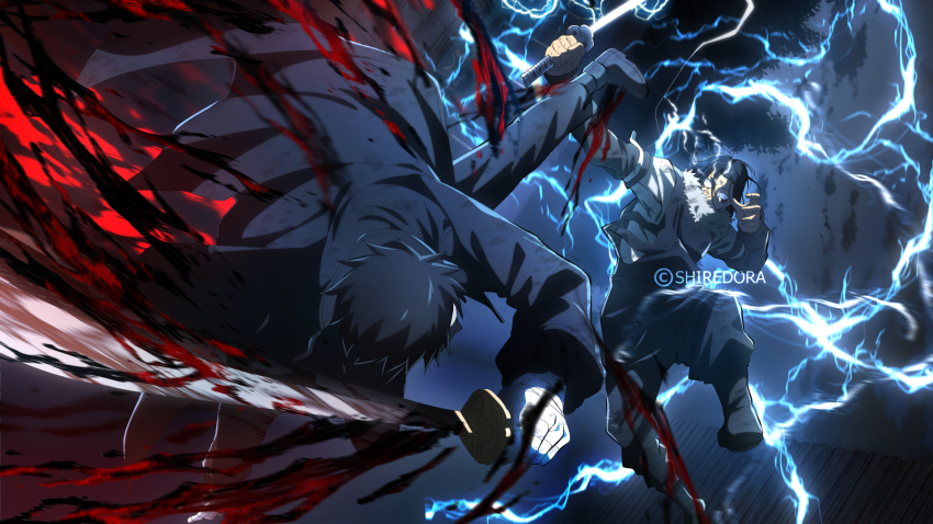 2boys black_coat black_hair black_pants blood coat duel facial_hair fighting_stance fur_trim highres holding holding_sword holding_weapon kagurabachi katana kicking lightning male_focus messy_hair midair multiple_boys pants rokuhira_chihiro shiredora soujou_genichi sword twitter_username weapon
