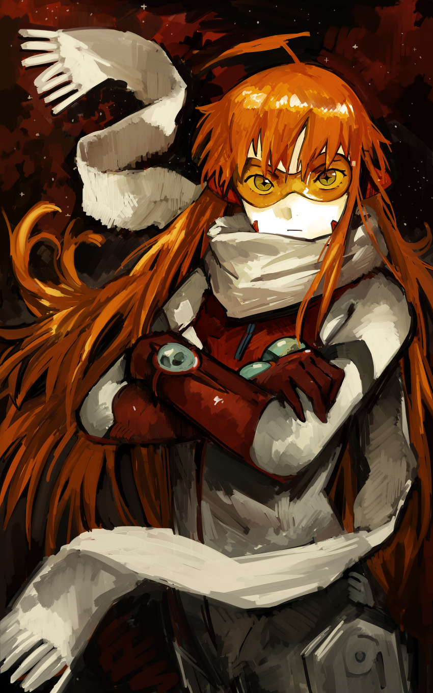 1girl absurdres ahoge bodysuit buster_machine_7 closed_mouth cross-shaped_pupils crossed_arms floating_hair highres kornod long_hair looking_at_viewer nono_(top_wo_nerae_2!) orange-tinted_eyewear orange_hair scarf solo sunglasses symbol-shaped_pupils tinted_eyewear top_wo_nerae!_(series) top_wo_nerae_2! white_bodysuit white_scarf